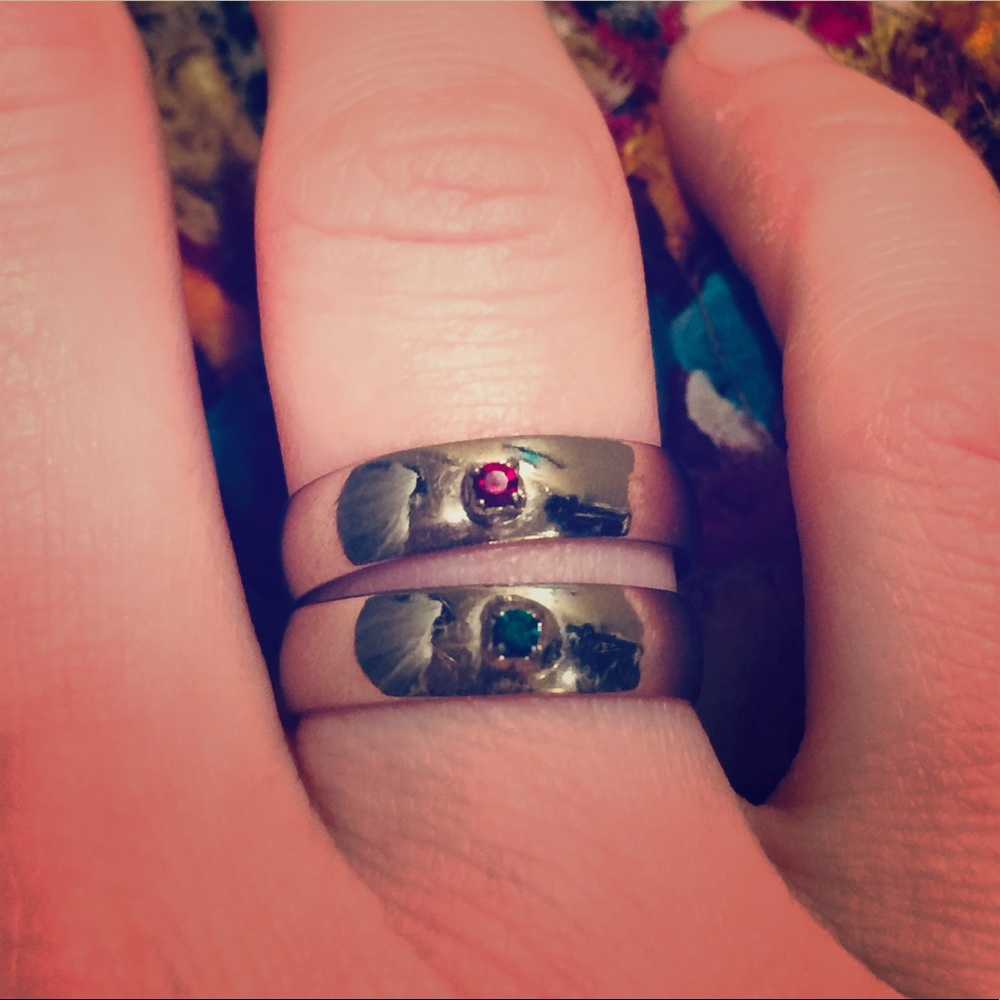 Elegant Silver Rings with Red and Green Accents
